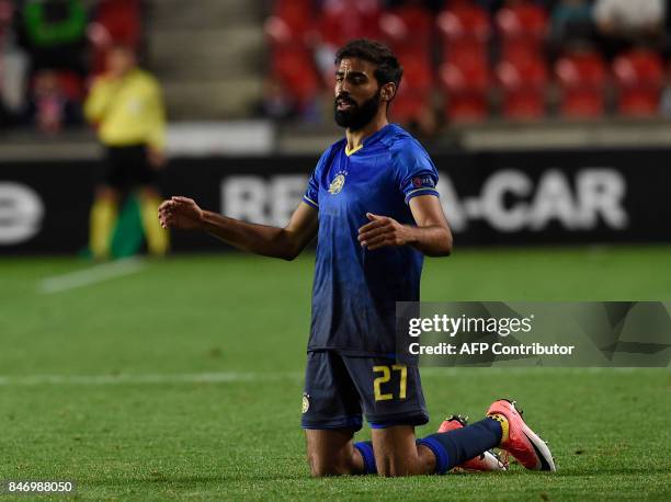 Maccabi Tel Aviv's defender from Israel Ofir Davidazde reacts during the UEFA Europa League group A football match Slavia Prague v Maccabi Tel Aviv...