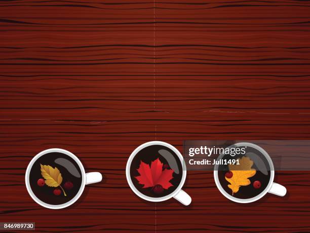 fragrant autumn tea decorated with autumn leaves and berries on red wooden texture. the view from the top - coffee table background stock illustrations