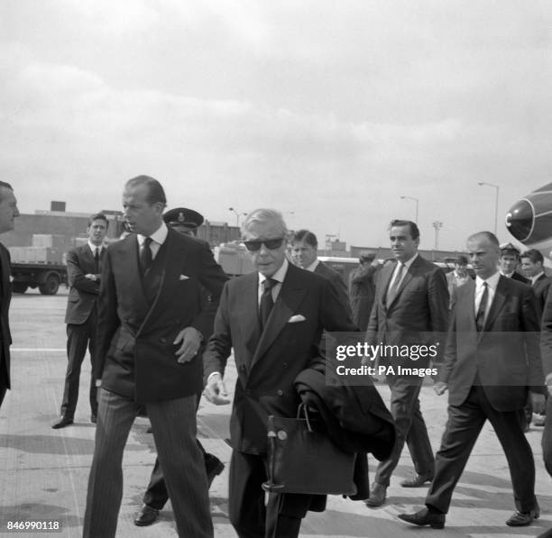 The Duke of Windsor, right, and his nephew, the Duke of Kent, at Heathrow Airport on the Duke of Windsor's arrival from Paris to attend the funeral...