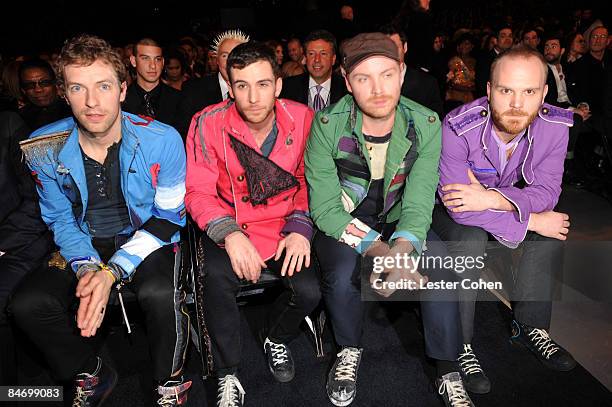 Musicians Chris Martin, Guy Berryman, Jonny Buckland and Will Champion of Coldplay attend the 51st Annual GRAMMY Awards held at the Staples Center on...