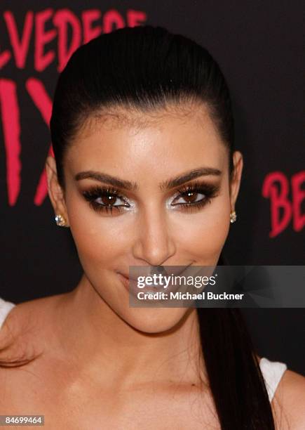 Actress Kim Kardashian attends the Belvedere IX Launch Party featuring Justice at My House on February 5, 2009 in Hollywood, California.