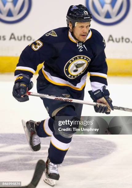 Olli Jokinen of the St. Louis Blues plays in the game against the Vancouver Canucks at the Scottrade Center on March 30, 2015 in St. Louis, Missouri.