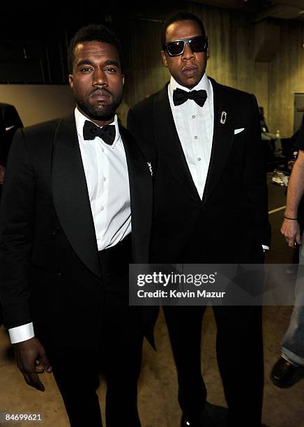Kanye West and Jay-Z backstage at the 51st Annual GRAMMY Awards at the Staples Center on February 8, 2009 in Los Angeles, California.