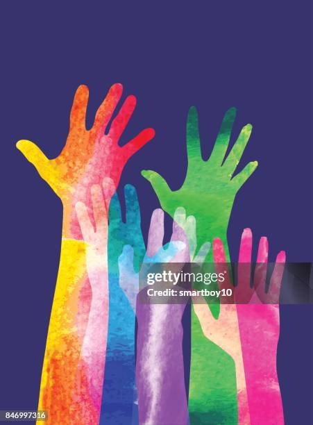 hands raised - multiracial group stock illustrations