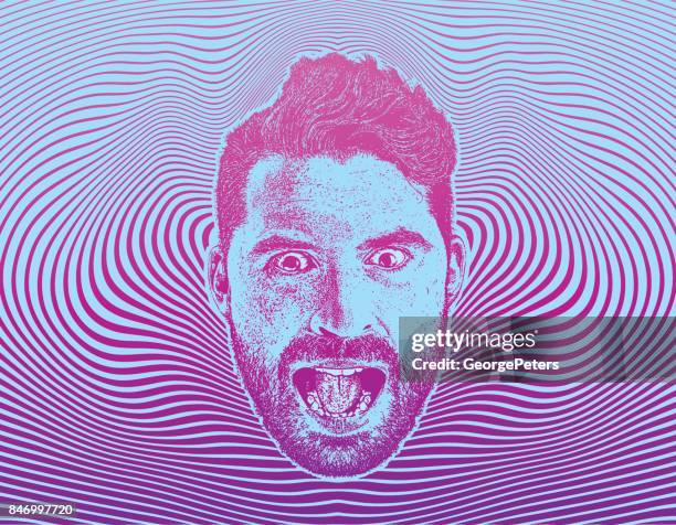 stockillustraties, clipart, cartoons en iconen met mans gezicht met geschokt expressie en half tone patroon achtergrond - schreeuwen