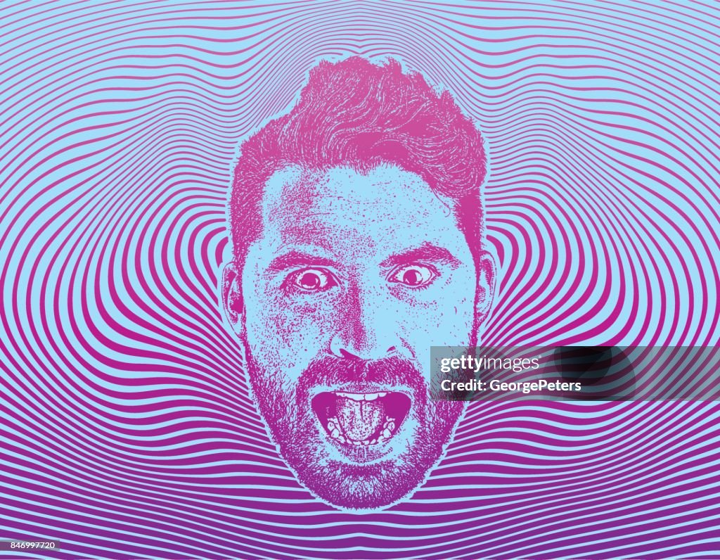 Mans face with shocked expression and half tone pattern background