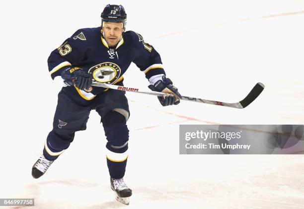 Olli Jokinen of the St. Louis Blues plays in the game against the Vancouver Canucks at the Scottrade Center on March 30, 2015 in St. Louis, Missouri.