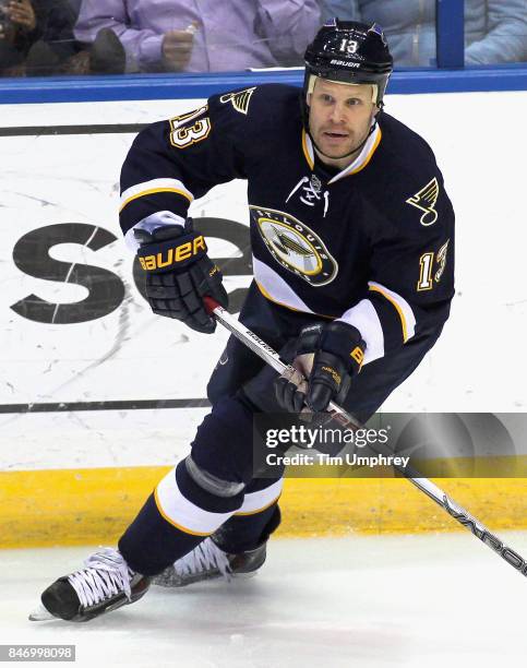 Olli Jokinen of the St. Louis Blues plays in the game against the Vancouver Canucks at the Scottrade Center on March 30, 2015 in St. Louis, Missouri.