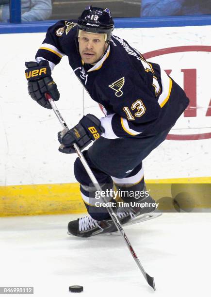 Olli Jokinen of the St. Louis Blues plays in the game against the Vancouver Canucks at the Scottrade Center on March 30, 2015 in St. Louis, Missouri.