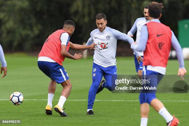 Eden Hazard and Jake Clarke-Salter of Chelsea during a training session at Chelsea Training Ground on September 14, 2017 in Cobham, England.