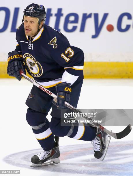 Olli Jokinen of the St. Louis Blues plays in the game against the Vancouver Canucks at the Scottrade Center on March 30, 2015 in St. Louis, Missouri.