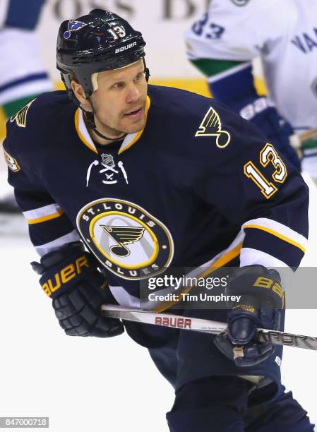 Olli Jokinen of the St. Louis Blues plays in the game against the Vancouver Canucks at the Scottrade Center on March 30, 2015 in St. Louis, Missouri.