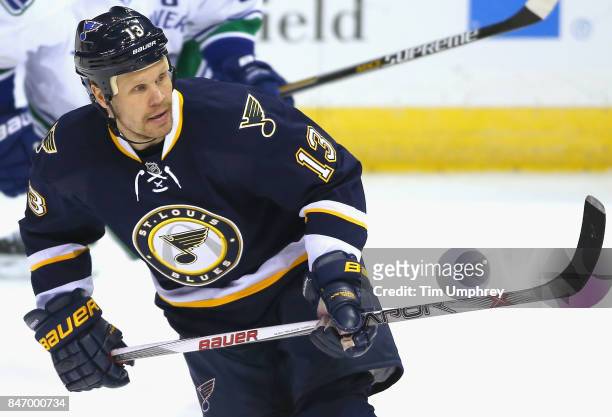 Olli Jokinen of the St. Louis Blues plays in the game against the Vancouver Canucks at the Scottrade Center on March 30, 2015 in St. Louis, Missouri.