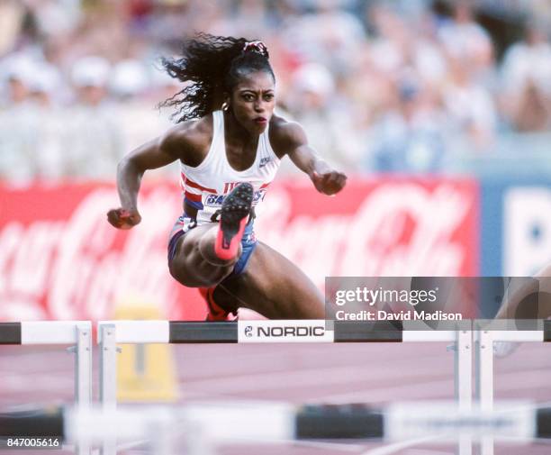 Gail Devers of the USA clears the first hurdle during the finals of the Women's 100 meter hurdle event of the 1995 IAAF World Championships on August...