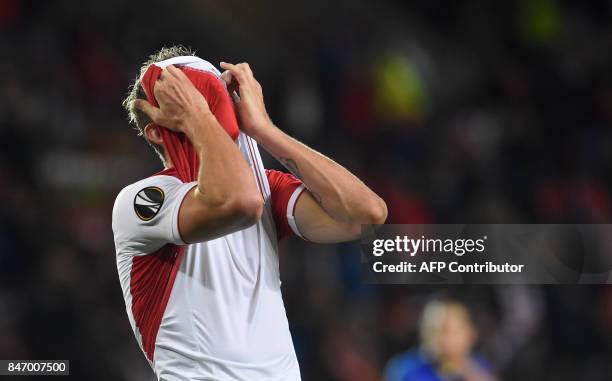 Tomas Necid of Slavia Praha reacts during the UEFA Europa League group A football match Slavia Prague v Maccabi Tel Aviv Fc in Prague on September...