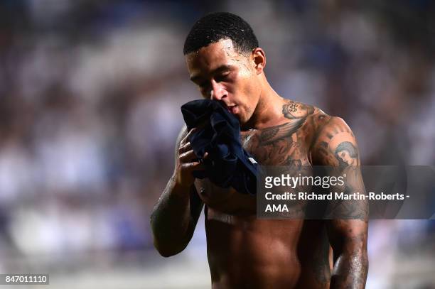 Memphis Depay of Olympique Lyonnais looks dejected at the end of the UEFA Europa League group E match between Apollon Limassol and Olympique Lyon at...