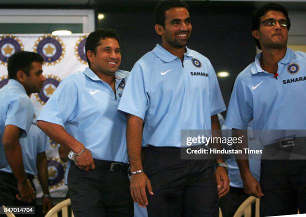 Indian Cricket team captain Rahul Dravid, Sachin Tendulkar, Zaheer Khan, Sourav Ganguly during the photo shoot at BCCI office, Wankhede stadium. The...