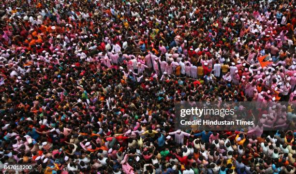 Crowd Population Ganeshotsav Ganpati Visarjan Devotees during the immersion of Lalbaug Cha Raja in Mumbai.