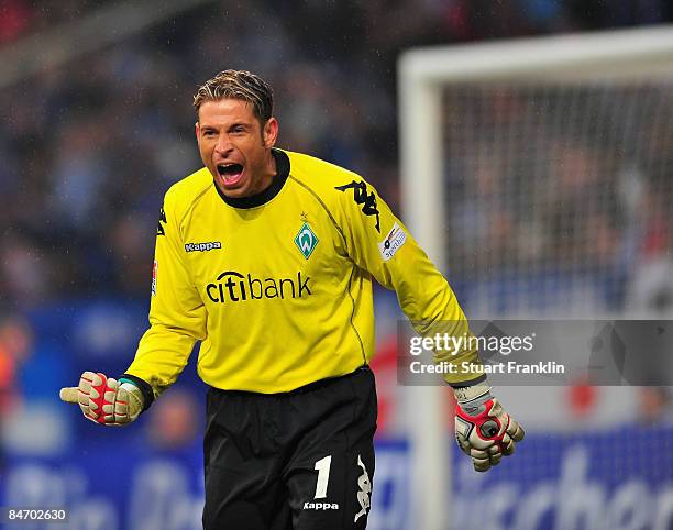 Tim Wiese of Bremen in action during the Bundesliga match between FC Schalke 04 and Werder Bremen at the Veltins-Arena on February 7, 2009 in...