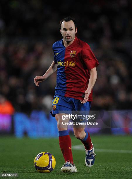 Andres Iniesta of Barcelona in action during the La Liga match between Barcelona and Sporting Gijon at the Camp Nou stadium on February 8, 2009 in...