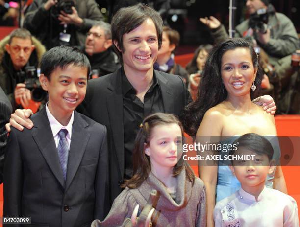 Actors Jan Nicdao, Sophie Nyweide and Martin Delos Santos, and Mexican actor Gael Garcia Bernal , Filipina actress Marife Necesito pose on the red...