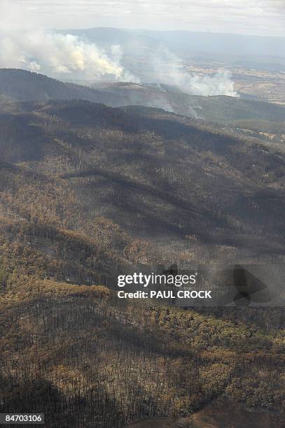 Wildfire contiunes to burn through the mountains after destroying farms and the Bunyip State Forest in LaTrobe Valley, Gippsland some 100km east of...