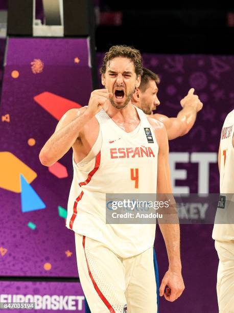 Pau Gasol of Spain celebrates during the FIBA Eurobasket 2017 semi final basketball match between Spain and Slovenia at Sinan Erdem Dome in Istanbul,...