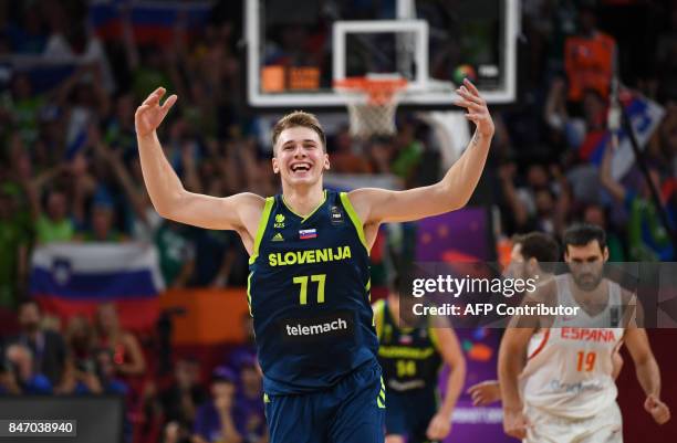 Slovenia's Luka Doncic celebrates the team's win after the FIBA Eurobasket 2017 men's semi-final basketball match between Spain and Slovenia at the...