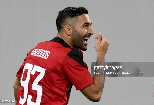 Ostersund's forward Saman Ghoddos celebrates after scoring during the UEFA Europa League Group J football match between Zorya Lugansk and Ostersunds...