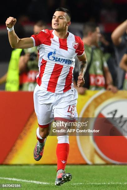Crvena Zvezda's midfielder Nemanja Radonjic celebrates after scoring a goal during the UEFA Europa League match between FK Crvena Zvezda Beograd and...