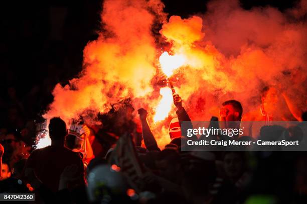 Koln fans light flares during the UEFA Europa League group H match between Arsenal FC and 1. FC Koeln at on September 14, 2017 in London, England.