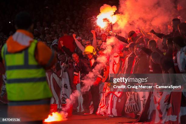 Koln fans light flares during the UEFA Europa League group H match between Arsenal FC and 1. FC Koeln at on September 14, 2017 in London, England.