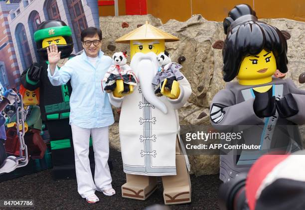 Cast member Jackie Chan from The LEGO Ninjago Movie, poses before a press conference at Legoland in Carlsbad, California, on September 14, 2017. /...