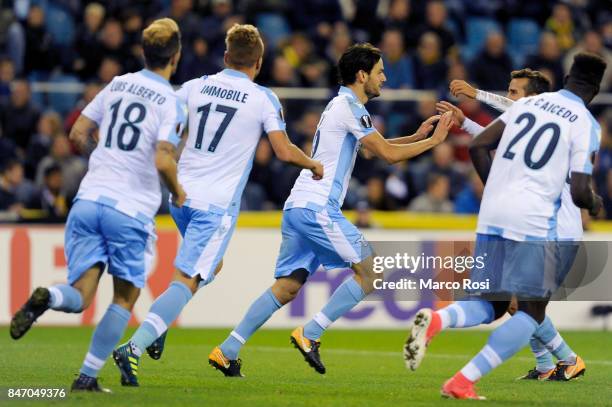 Mraco Parolo of SS Lazio celebrates a frist goal during the UEFA Europa League group K match between Vitesse and SS Lazio at Gelredome on September...