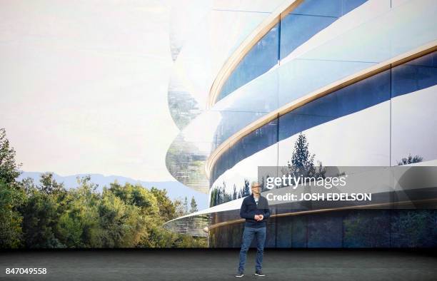 Apple CEO Tim Cook speaks about the new Apple headquarters during a media event in Cupertino, California on September 12, 2017.