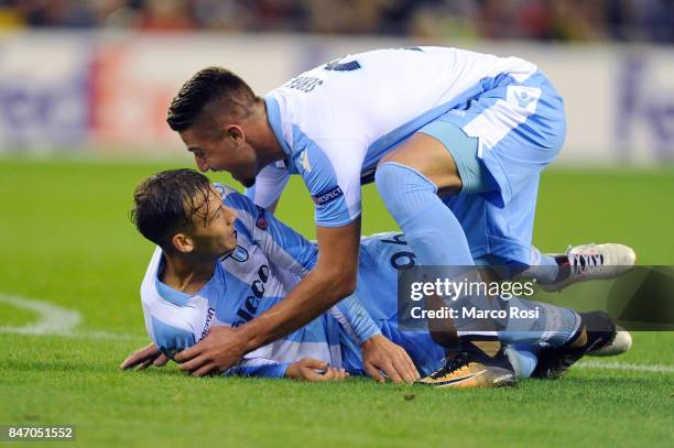 Alessandro Murgia of SS Lazio celebrates a third goal during the UEFA Europa League group K match between Vitesse and SS Lazio at Gelredome on...