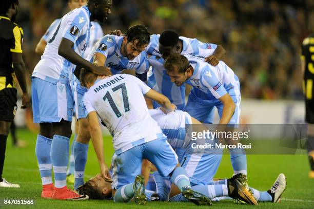 Alessandro Murgia of SS Lazio celebrates a third goal during the UEFA Europa League group K match between Vitesse and SS Lazio at Gelredome on...