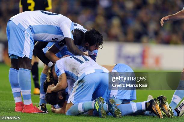 Alessandro Murgia of SS Lazio celebrates a third goal during the UEFA Europa League group K match between Vitesse and SS Lazio at Gelredome on...