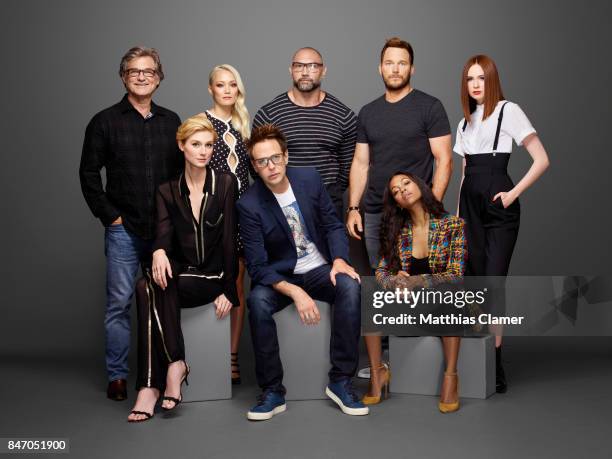 Actors Kurt Russell, Elizabeth Debicki, Pom Klementieff, Chris Pratt, Dave Bautista, Zoe Saldana and Karen Gillan with director James Gunn from...