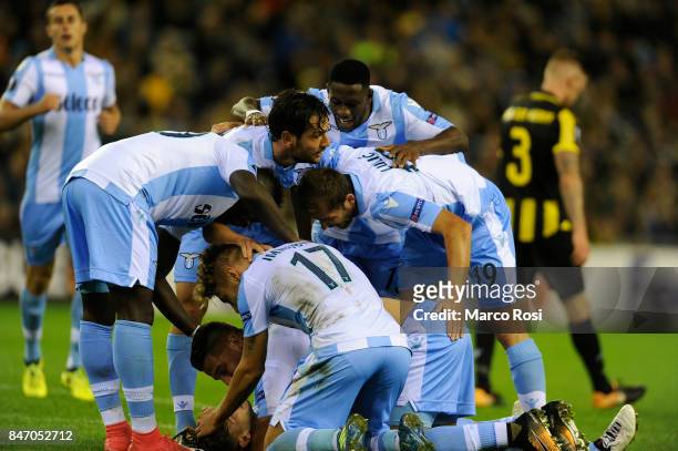Alessandro Murgia of SS Lazio celebrates a third goal during the UEFA Europa League group K match between Vitesse and SS Lazio at Gelredome on...