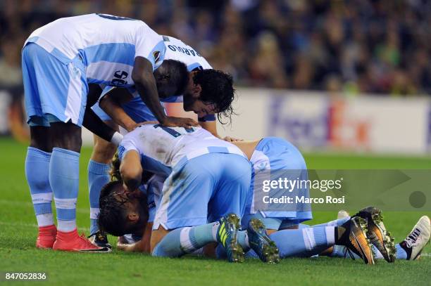 Alessandro Murgia of SS Lazio celebrates a third goal during the UEFA Europa League group K match between Vitesse and SS Lazio at Gelredome on...