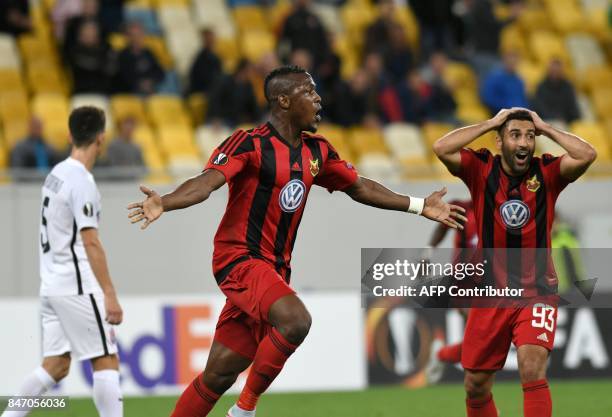 Ostersund forward Salisu Abdullahi Gero celebrates after scoring during the UEFA Europa League Group J football match between Zorya Lugansk and...