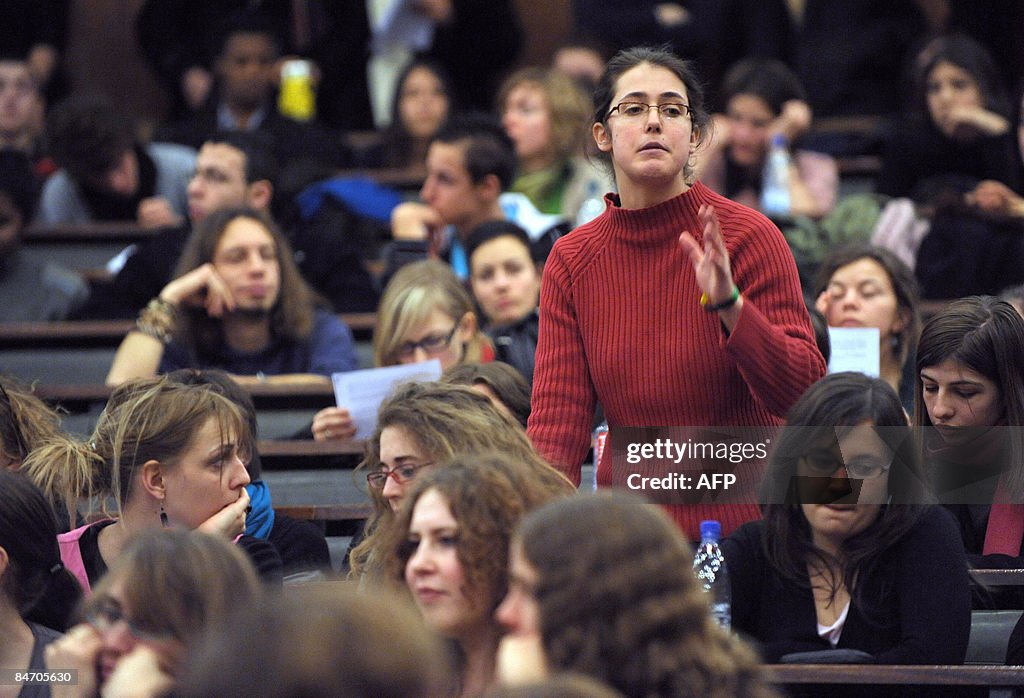 A student speaks during a students gener