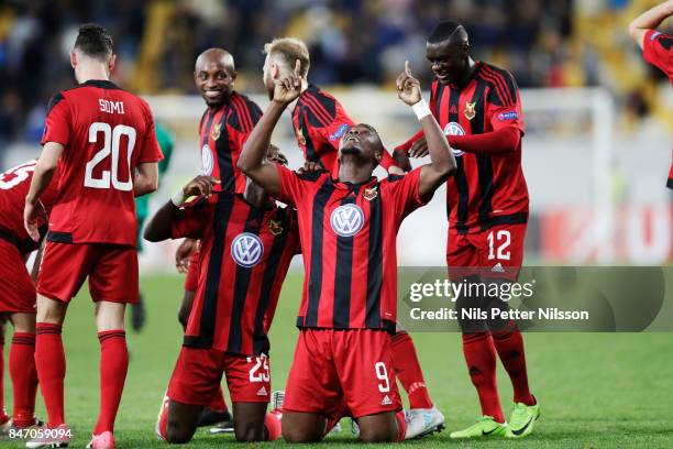 Alhaji Gero of Ostersunds FK celebrates after scoring to 0-2 during the UEFA Europa League group J match between Zorya Lugansk and Ostersunds FK at...