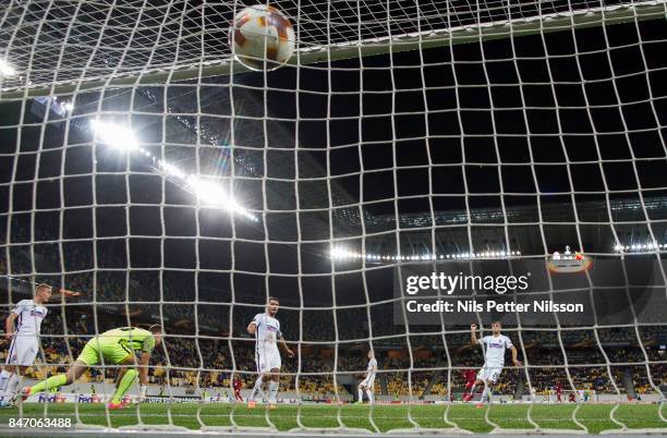 Saman Ghoddos of Ostersunds FK scores the opening goal to 0-1 during the UEFA Europa League group J match between Zorya Lugansk and Ostersunds FK at...