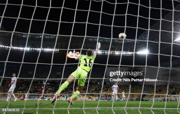 Alhaji Gero of Ostersunds FK scores the decisive goal to 0-2 during the UEFA Europa League group J match between Zorya Lugansk and Ostersunds FK at...