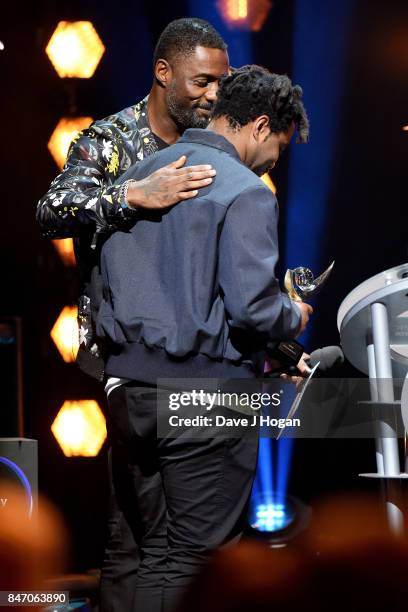 Sampha winner of the Hyundai Mercury Prize 2017 on stage with Idris Elba at Eventim Apollo on September 14, 2017 in London, England.