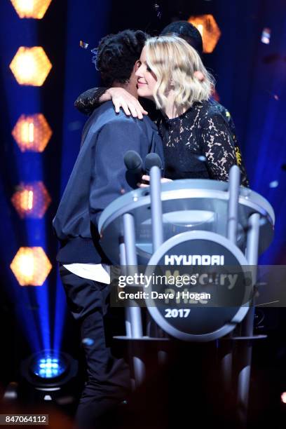 Sampha and Lauren Laverne on stage at the Hyundai Mercury Prize 2017 at Eventim Apollo on September 14, 2017 in London, England.