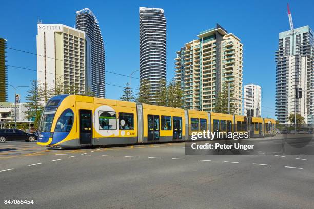 light rail trams on the gold coast streets,gold coast,queenslan,australia - gold coast light rail stock pictures, royalty-free photos & images