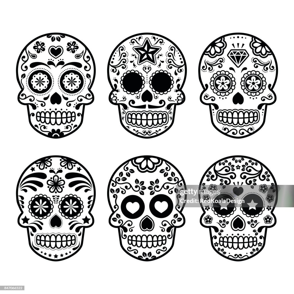 Halloween Calavera De Azúcar Mexicana Dia De Los Muertos Los Iconos De  Dibujos Animados Ilustración de stock - Getty Images